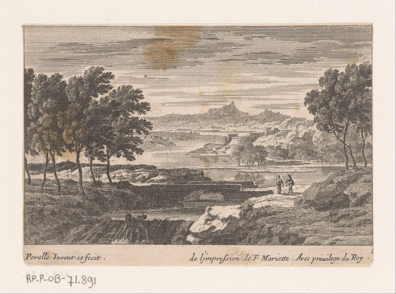 Paisaje con caminantes en el puente de piedra. de Nicolas Perelle