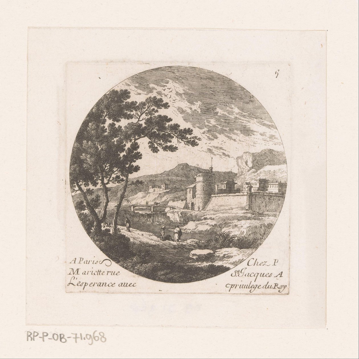 Ciudad fortificada y figuras en el árbol. de Nicolas Perelle