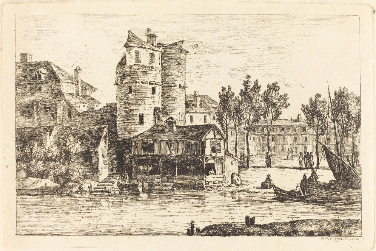 Pueblo en la Orilla del Río con Dos Torres Redondas de Nicolas Perignon