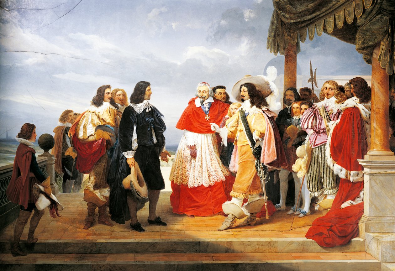 El cardenal Richelieu presentando a Poussin a Luis XIII en 1640, detalle de la pintura de 1832 por Jean Alaux, Francia de Nicolas Poussin