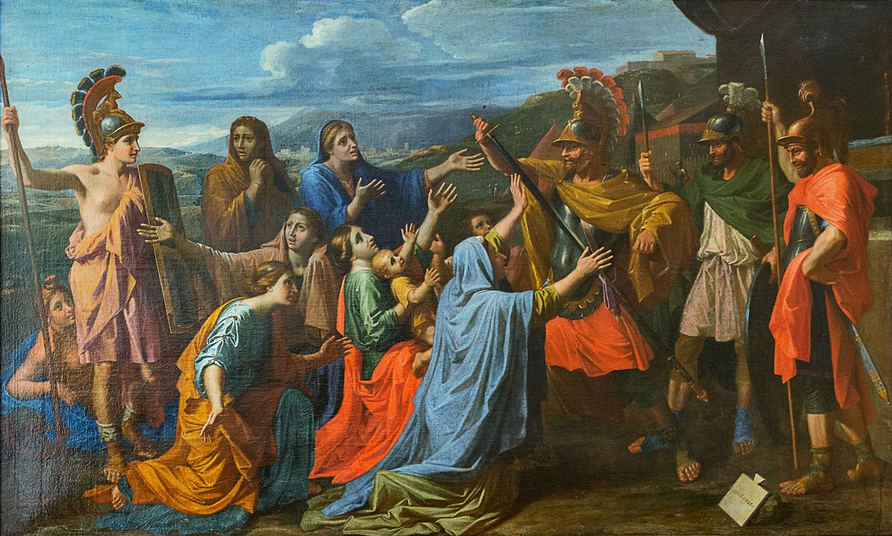 Coriolano persuadido por su familia para perdonar a Roma Veturia a los pies de Coriolano, ca 1652 de Nicolas Poussin