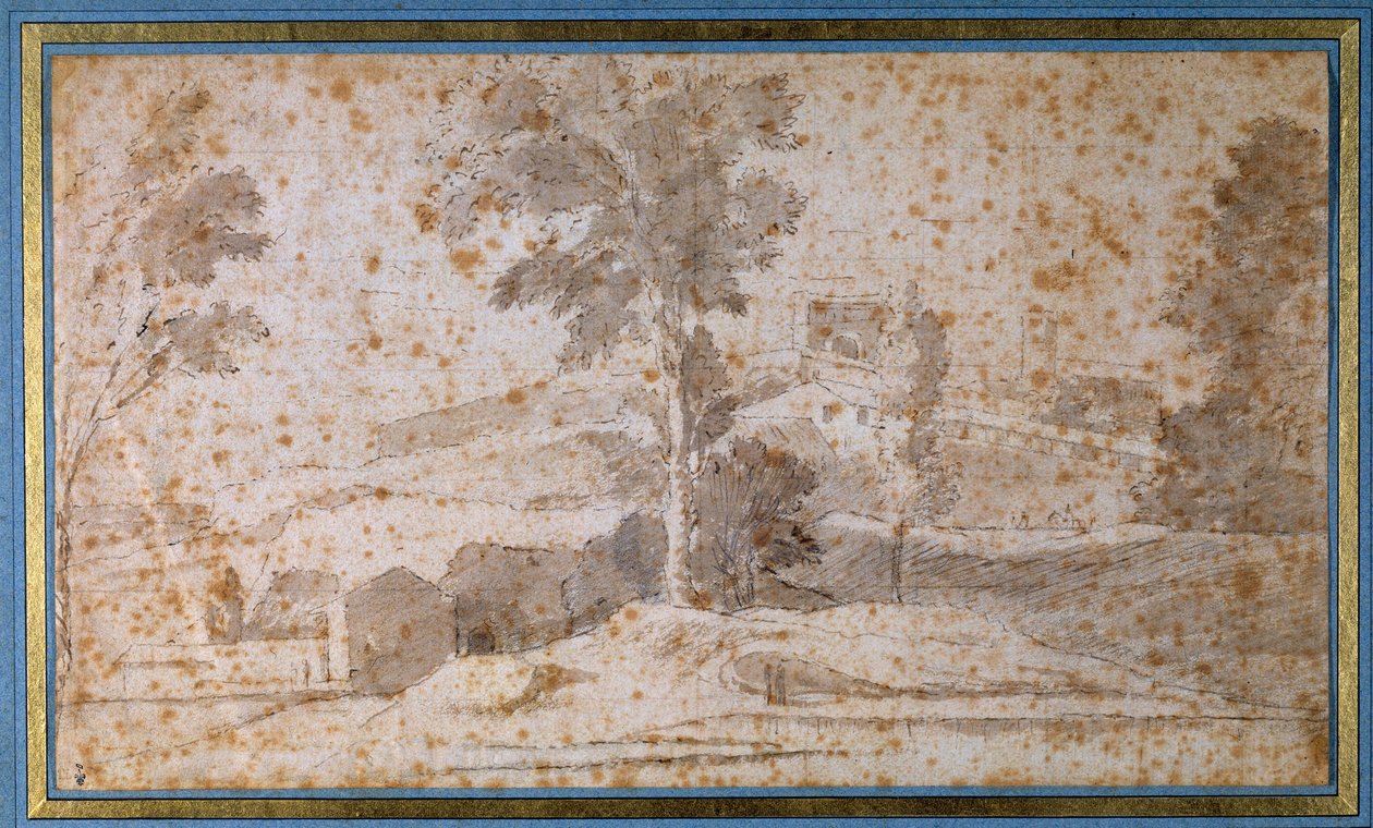 Paisaje con un gran árbol en el centro y un mirador de Nicolas Poussin