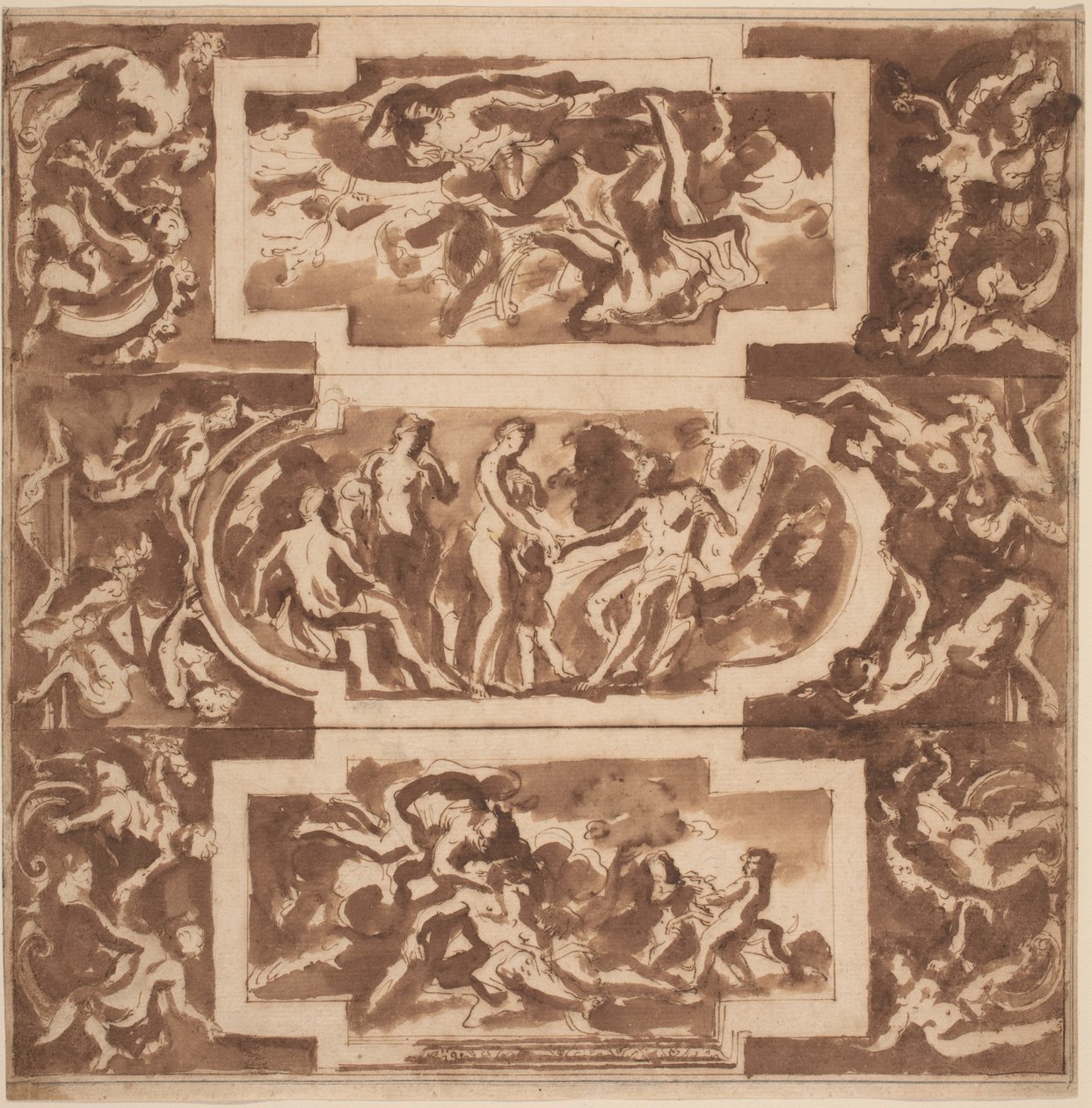 Modello para un techo: Diana y el muerto Endimión, el juicio de París y la muerte de Adonis de Nicolas Poussin
