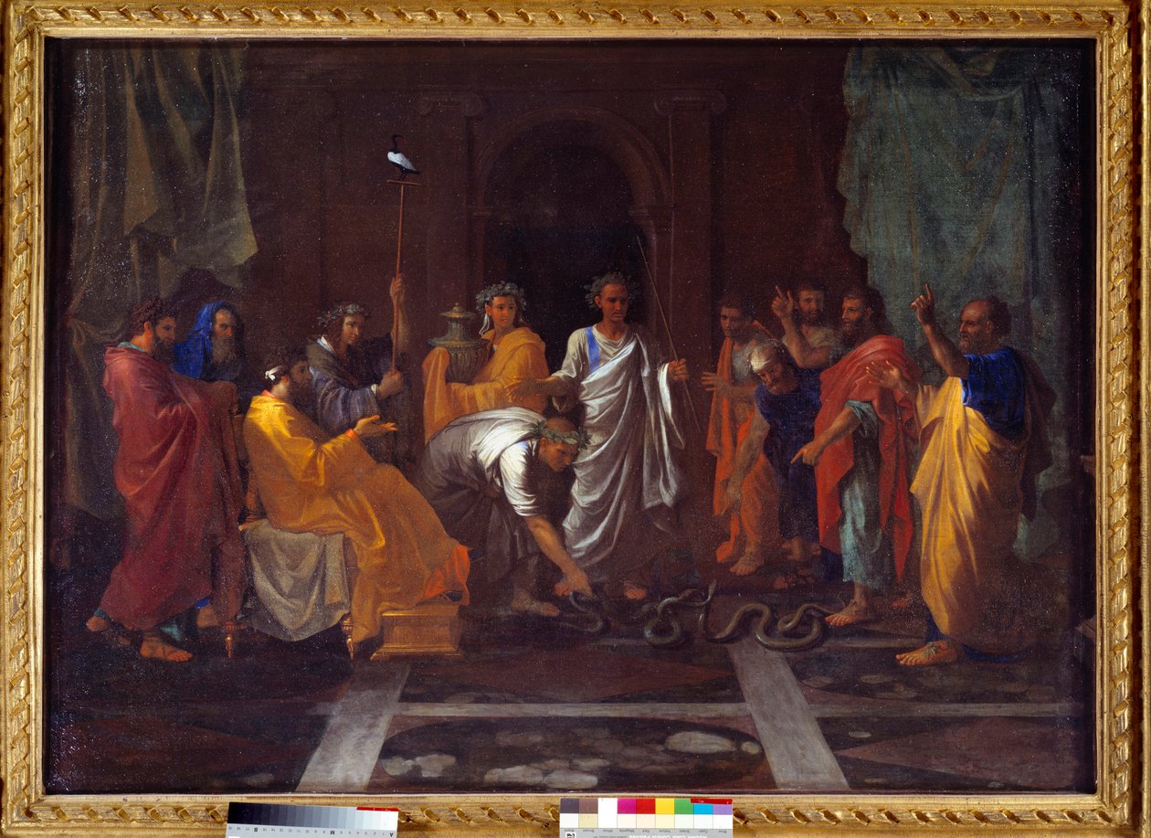 Moisés convirtiendo la vara de Aarón en serpiente de Nicolas Poussin
