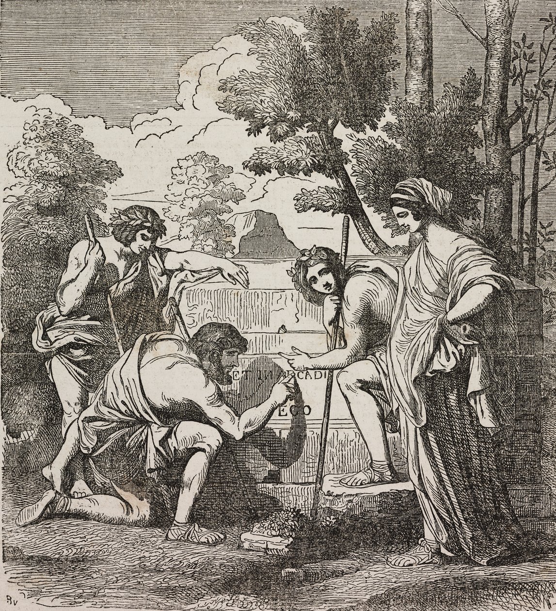 Pastores de Arcadia, después de la pintura de Nicolas Poussin, ilustración de Teatro universale, Raccolta enciclopedica e scenografica, No 512, 4 de mayo de Nicolas Poussin