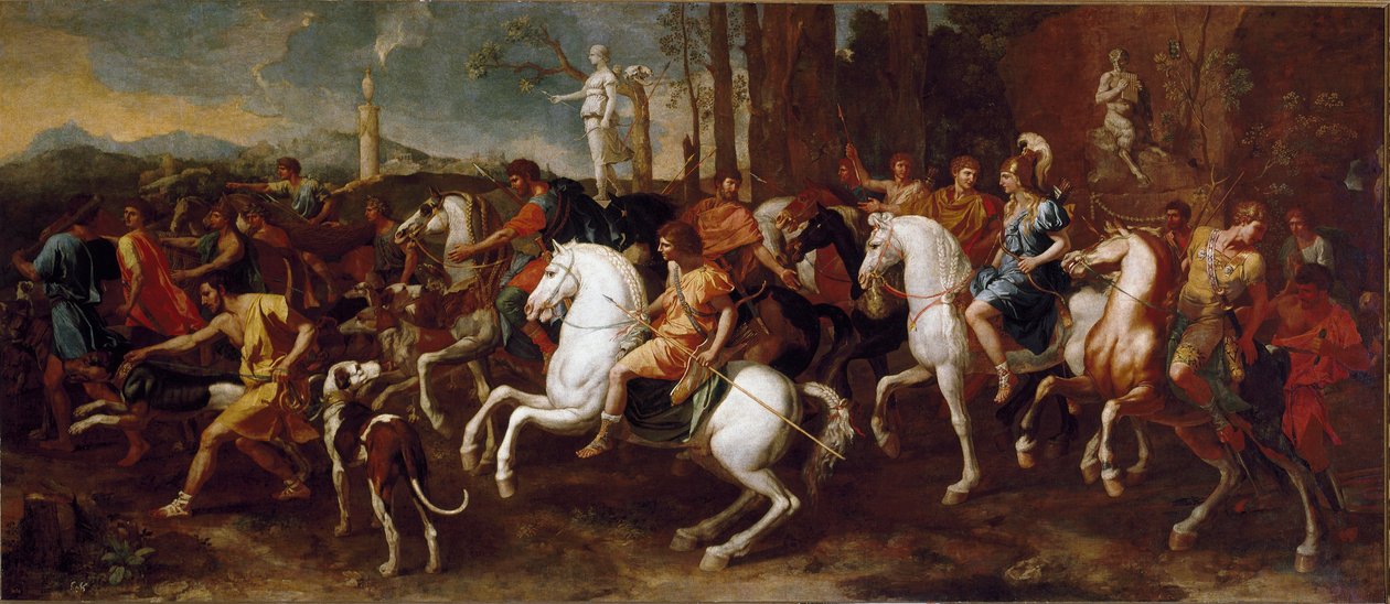 La caza de Meleagro. Héroes de la mitología griega famosos durante la caza del jabalí de Calidón. Pintura de Nicolas Poussin de Nicolas Poussin