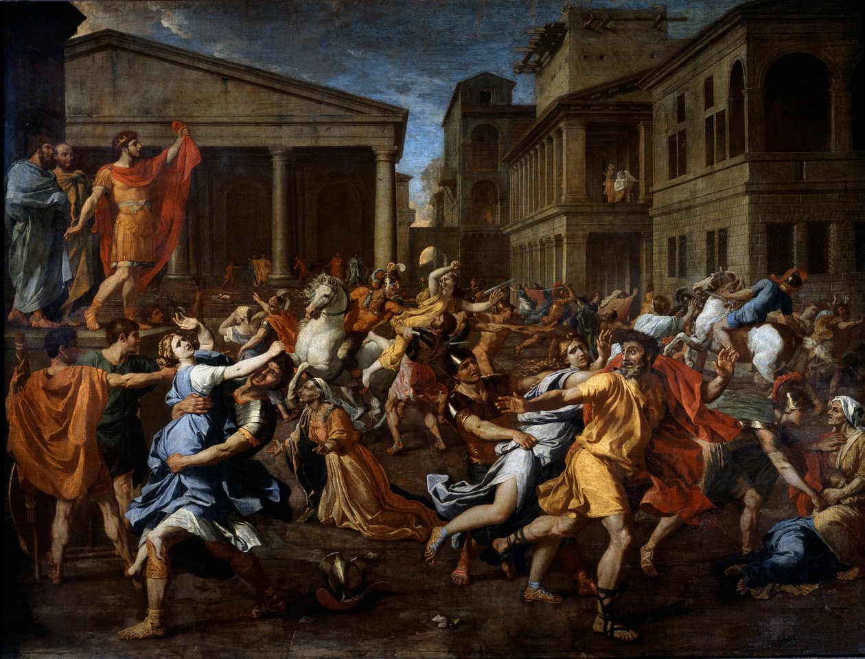 El rapto de las sabinas por los romanos. Rómulo a la izquierda observa la escena. Pintura de Nicolas Poussin de Nicolas Poussin