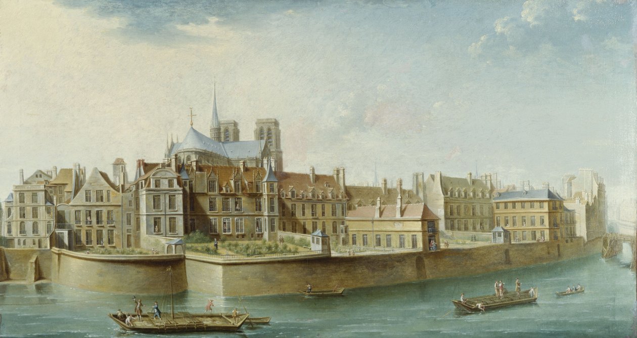 Le Cloître Notre-Dame, visto desde la isla de San Luis (muelle de Orleans), en 1753 (óleo sobre lienzo) de Nicolas Raguenet