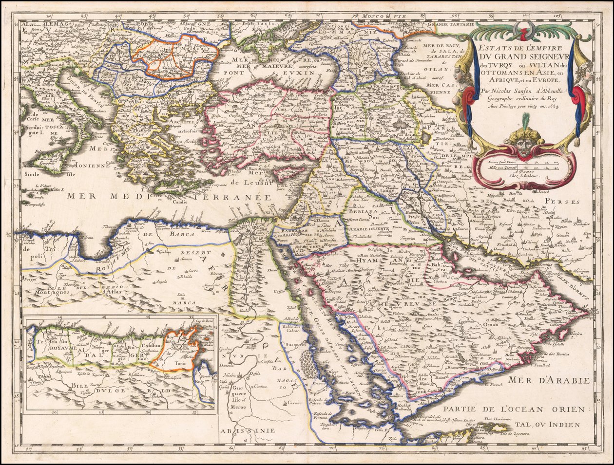 Mapa de 1654 - Estados del Imperio del Gran Señor de los Turcos o Sultán de los Otomanos en Asia, África y Europa de Nicolas Sanson