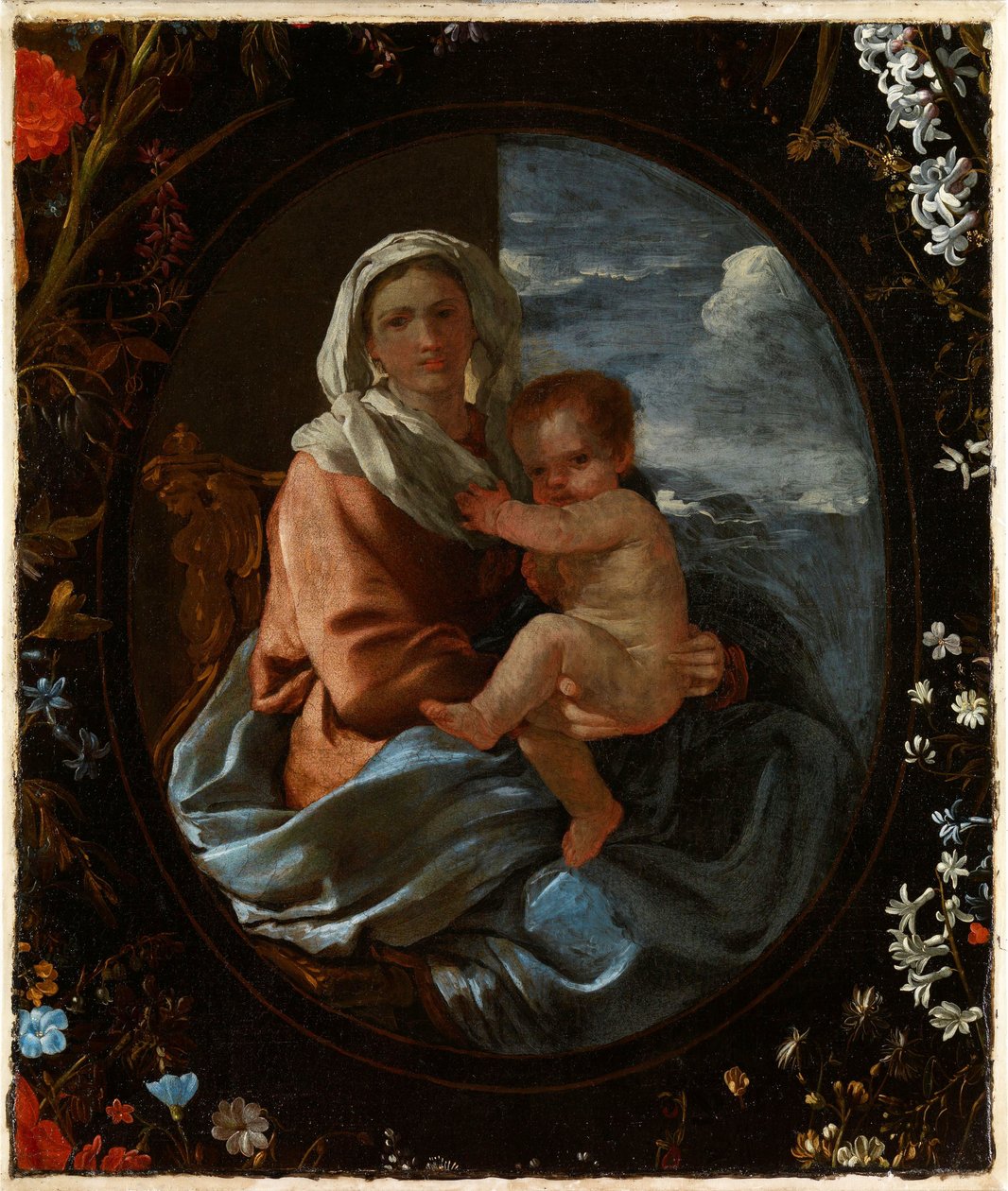 Virgen con el Niño en guirnalda de flores de Nicolas & Seghers Daniel (1590–1661) Poussin