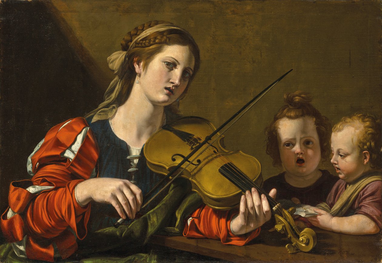 Una mujer tocando el violín con dos niños cantando de Nicolas Tournier
