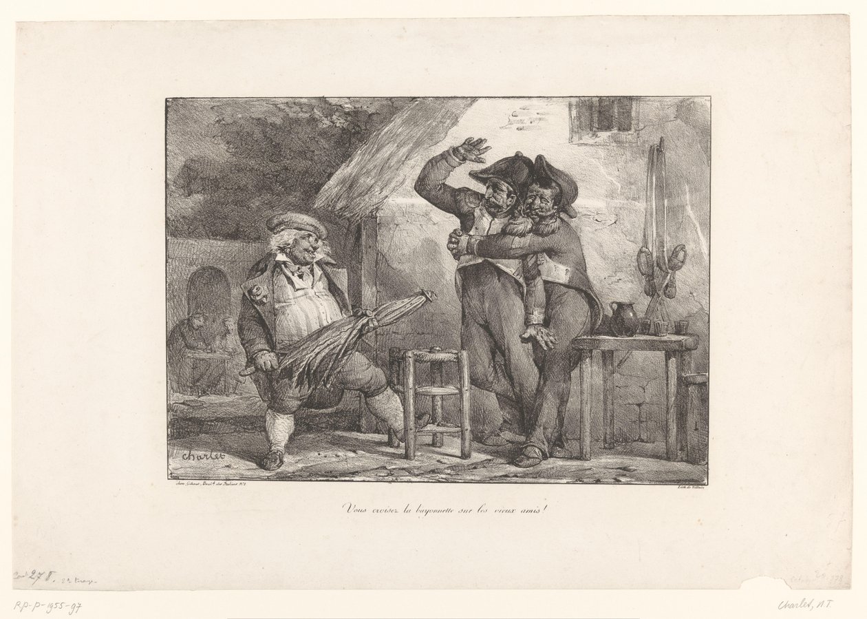 Un ciudadano se burla de dos soldados borrachos en un pub
¡Vous croisez la bayonnette sur les vieux amis! (título en el objeto) de Nicolas Toussaint Charlet