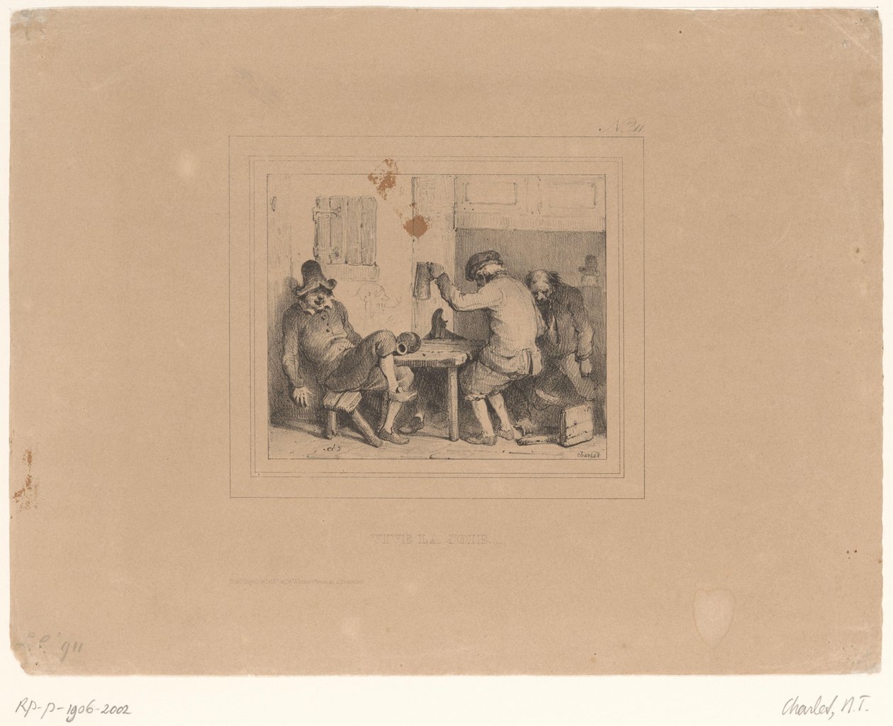 Tres campesinos borrachos en un pub Vive la joie (título sobre objeto) Sketches 1837 (título de la serie) Croquis de Charlet 1837 (título de la serie) de Nicolas Toussaint Charlet