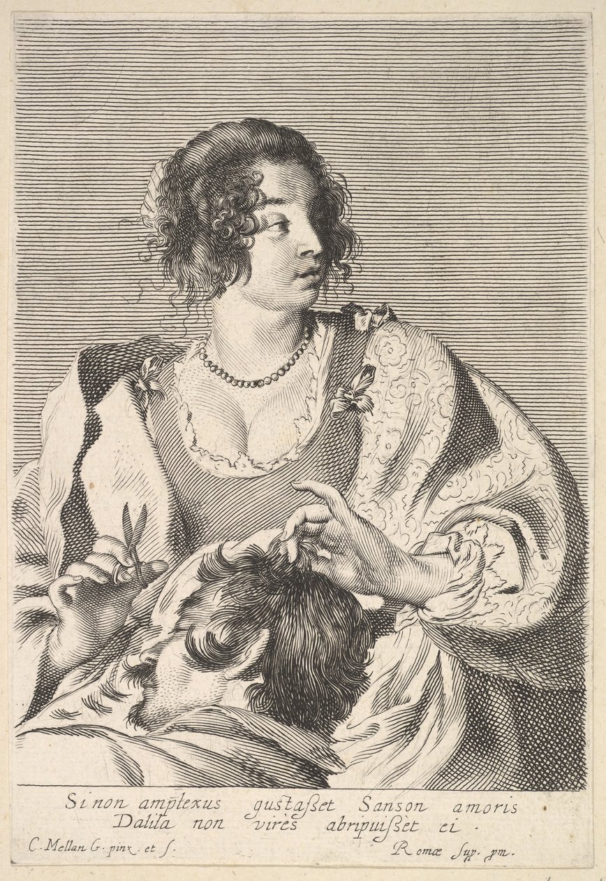 Dalila preparándose para cortar el cabello de Sansón con tijeras en su mano derecha, debajo de su pecho, ca. 1629 de Nicolas Viennot