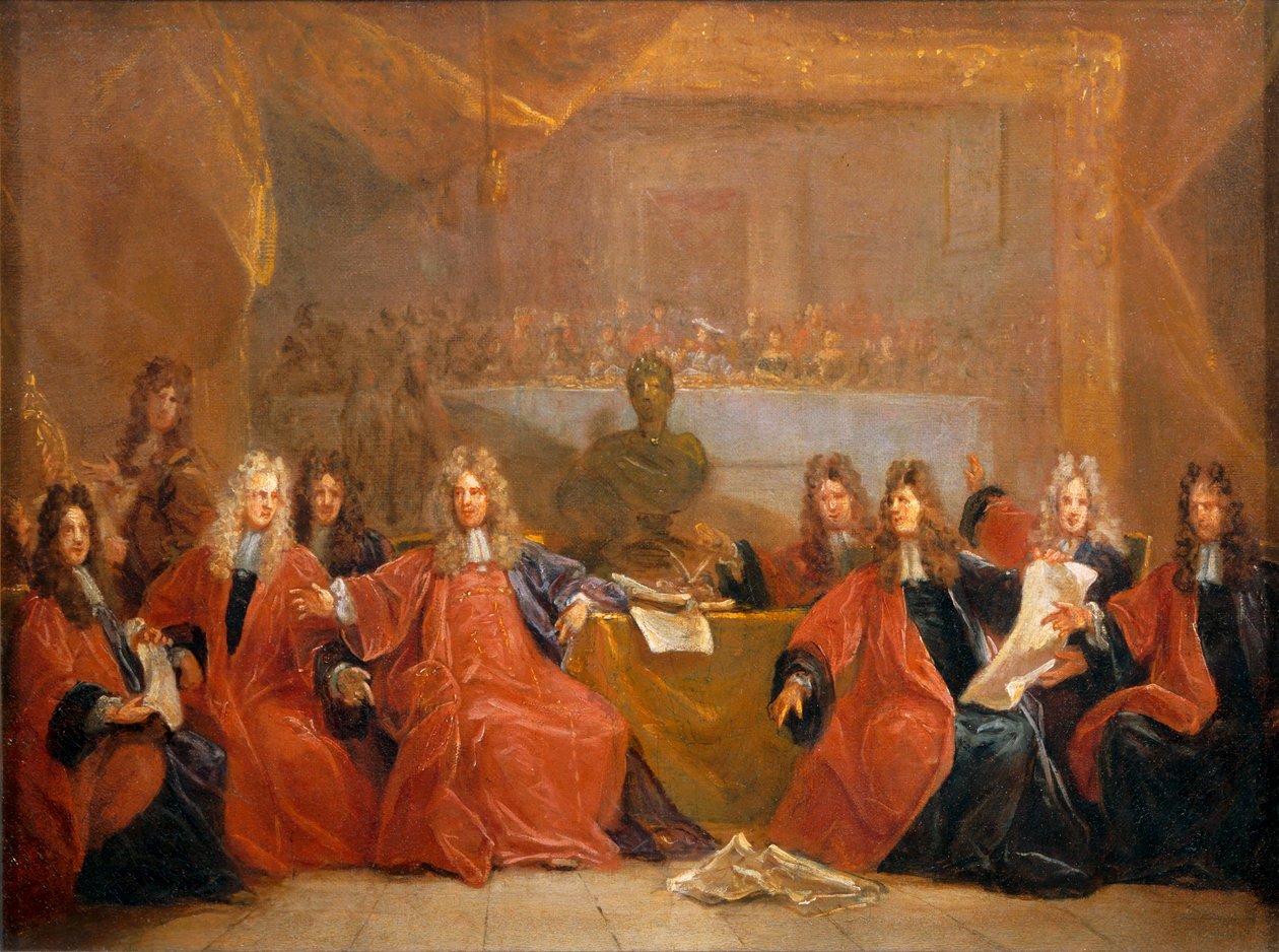El corregidor de los comerciantes y los concejales de la ciudad de París deliberan sobre la oferta de una fiesta a Luis XIV ... de Nicolas de (workshop) Largilliere