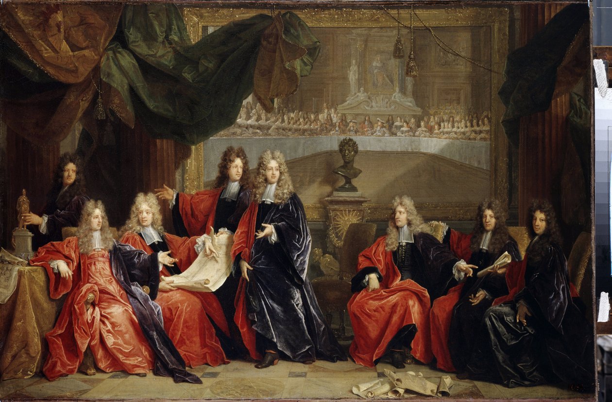 Prebostes y magistrados de la ciudad de París discutiendo la cena de celebración del rey Luis XIV 14 conocido como el Rey Sol (1638-1715) en el Hôtel de ville después de su restauración en 1687 (Preboste y magistrados municipales de París discutiendo la ce de Nicolas de Largillière