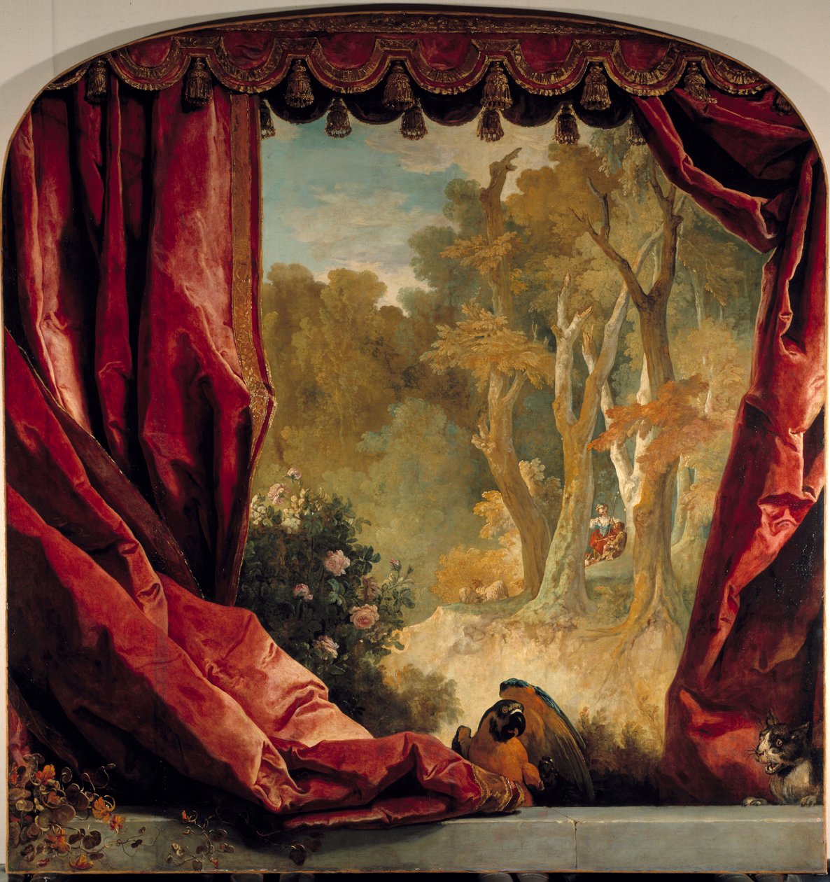 Composición decorativa con cortinas, paisaje y animales de Nicolas de Largillière