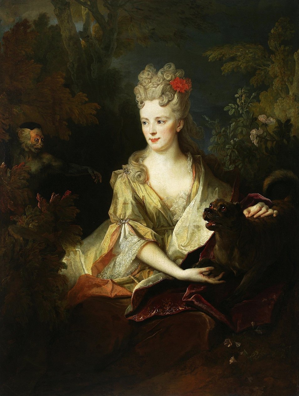 Retrato de una señora con un perro y un mono de Nicolas de Largillière
