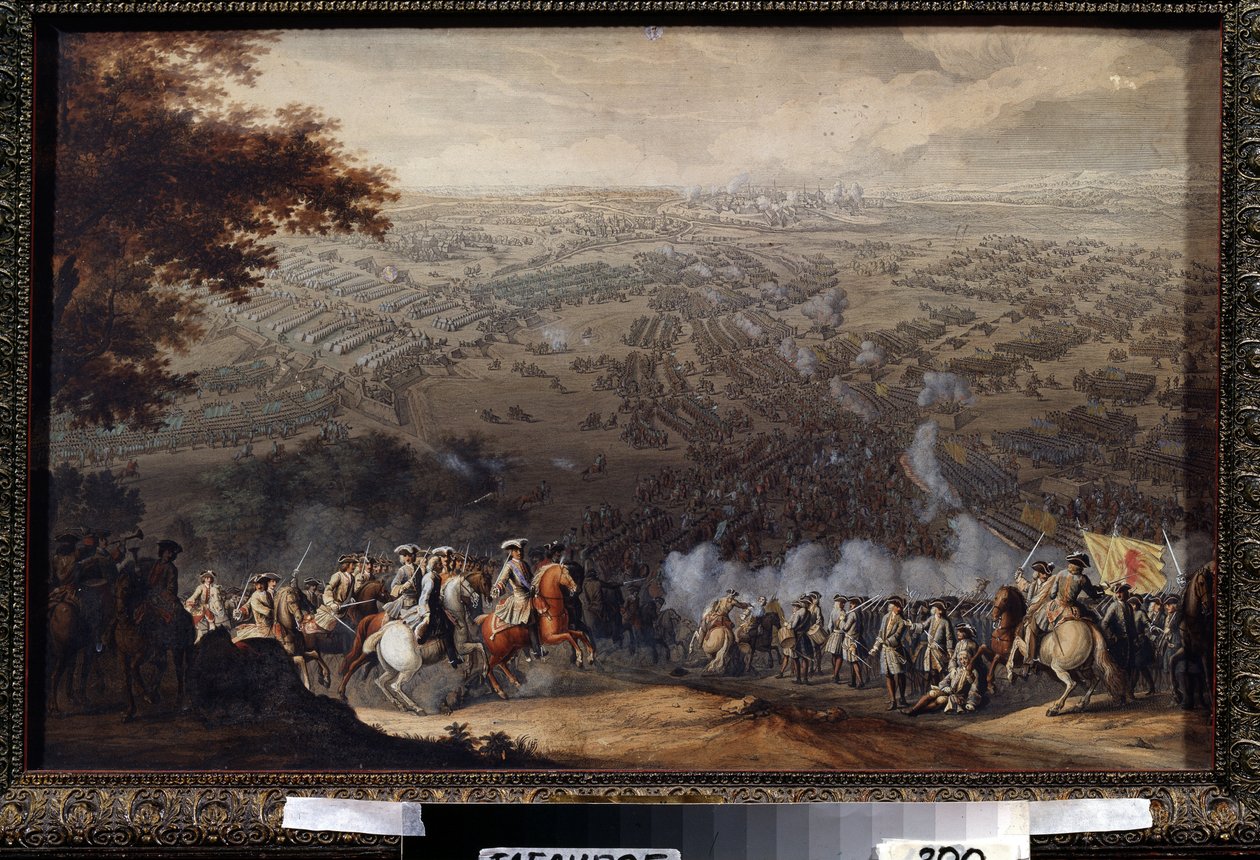 La batalla de Poltava, el 27 de junio de 1709. La batalla enfrentó al ejército sueco de Carlos XII de Suecia con el del zar ruso Pedro el Grande durante la Gran Guerra del Norte (1700-1721). Pintura de Nico de Nicolas de Larmessin