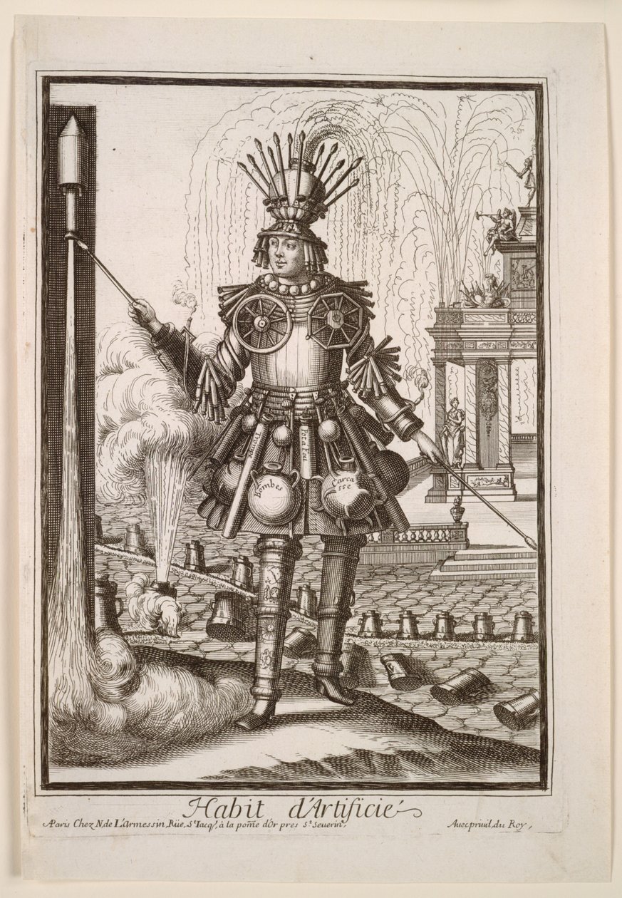 Trajes fantásticos: Traje del fabricante de fuegos artificiales, c. 1690 de Nicolas de Larmessin II