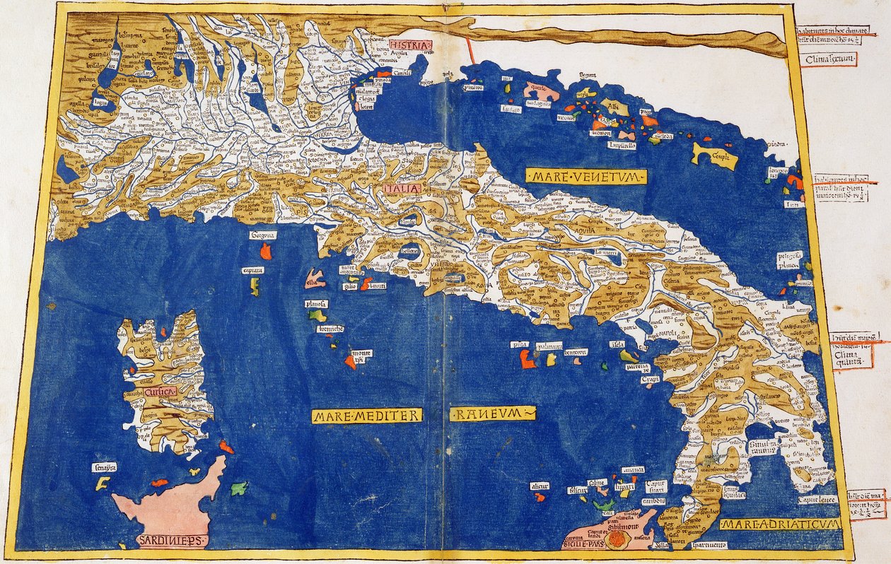 Mapa Ptolemaico de Italia, 1482 (litografía coloreada) de Nicolaus Germanus