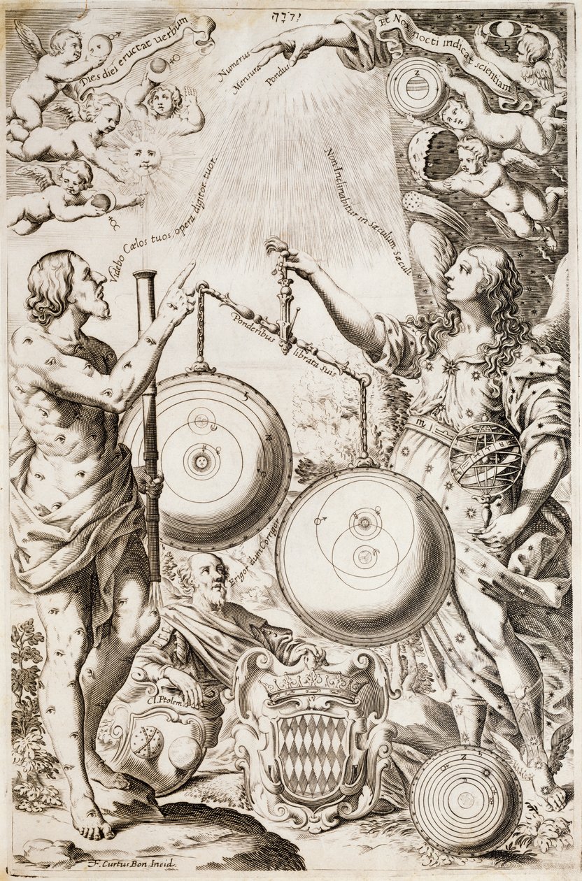 Tolomeo, sentado entre alegorías de Argo y Astrea, contempla diagramas de cosmologías dibujados por Copérnico y Riccioli, ilustración tomada del tratado de historia de la astronomía Almagestum Novum, Bolonia, de Giovanni Battista Riccioli. de Nicolaus (after) Copernicus