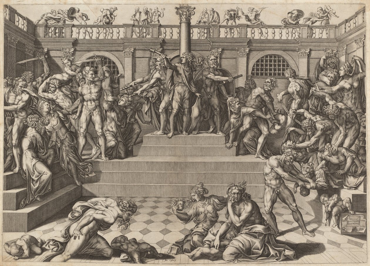 La masacre de los inocentes de Nicolaus Beatrizet, after Marco Dente, after Baccio Bandinelli