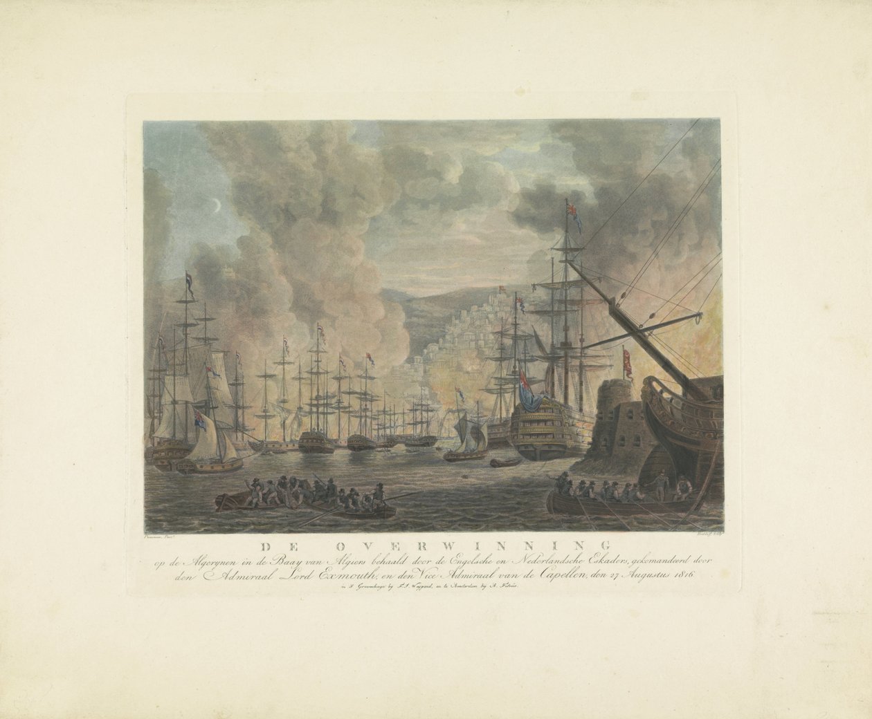 Bombardeo de Argel, 1816 La victoria de los argelinos en la bahía de Argel por los escuadrones ingleses y holandeses, comandados por el almirante Lord Exmouth y el vicealmirante de Capellen, 27 de agosto de 1816 (título en obj de Nicolaus Heideloff