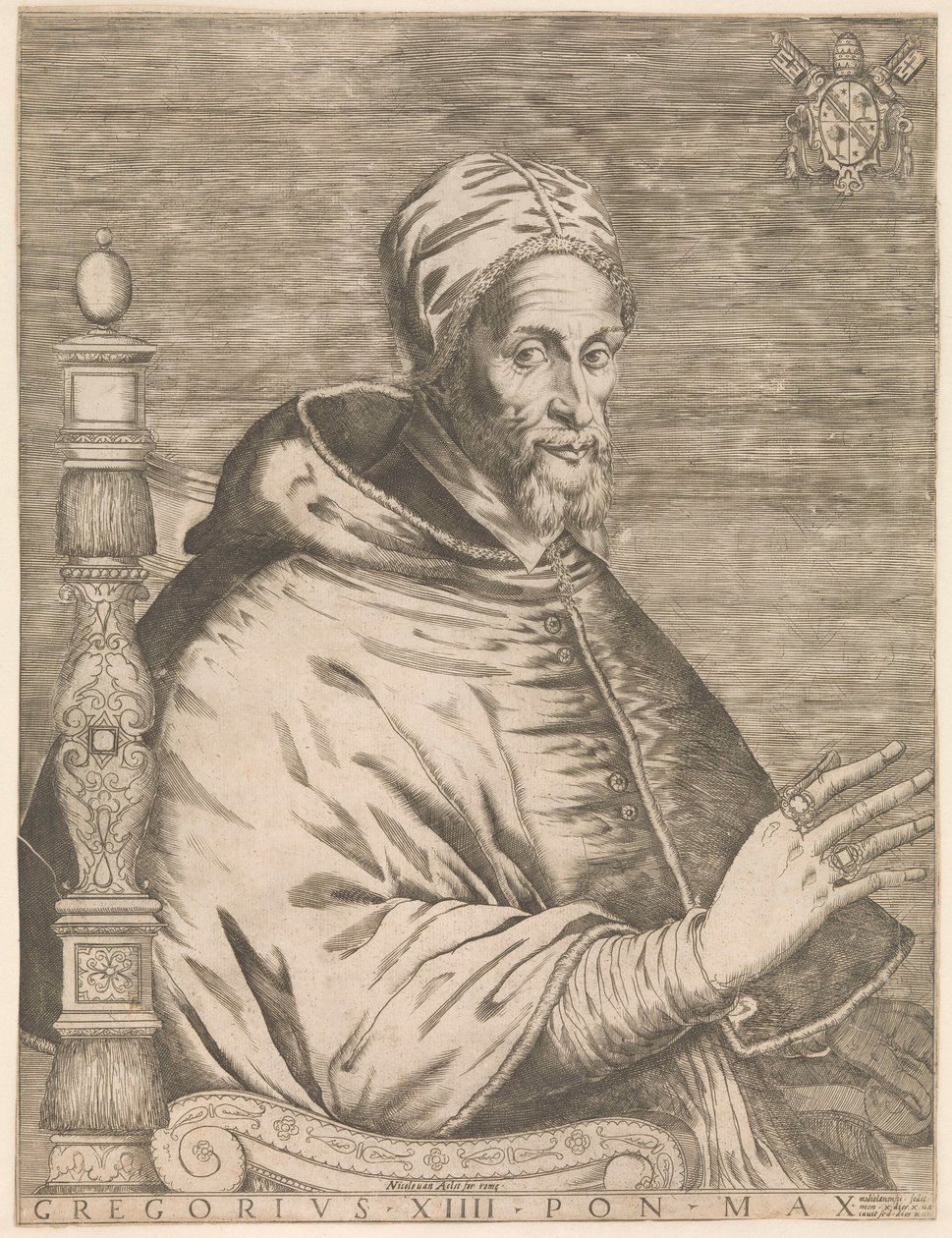 Retrato del Papa Gregorio XIV, sentado Gregorio XIII Pon. máx. (título en el objeto) de Nicolaus van Aelst (attributed to)