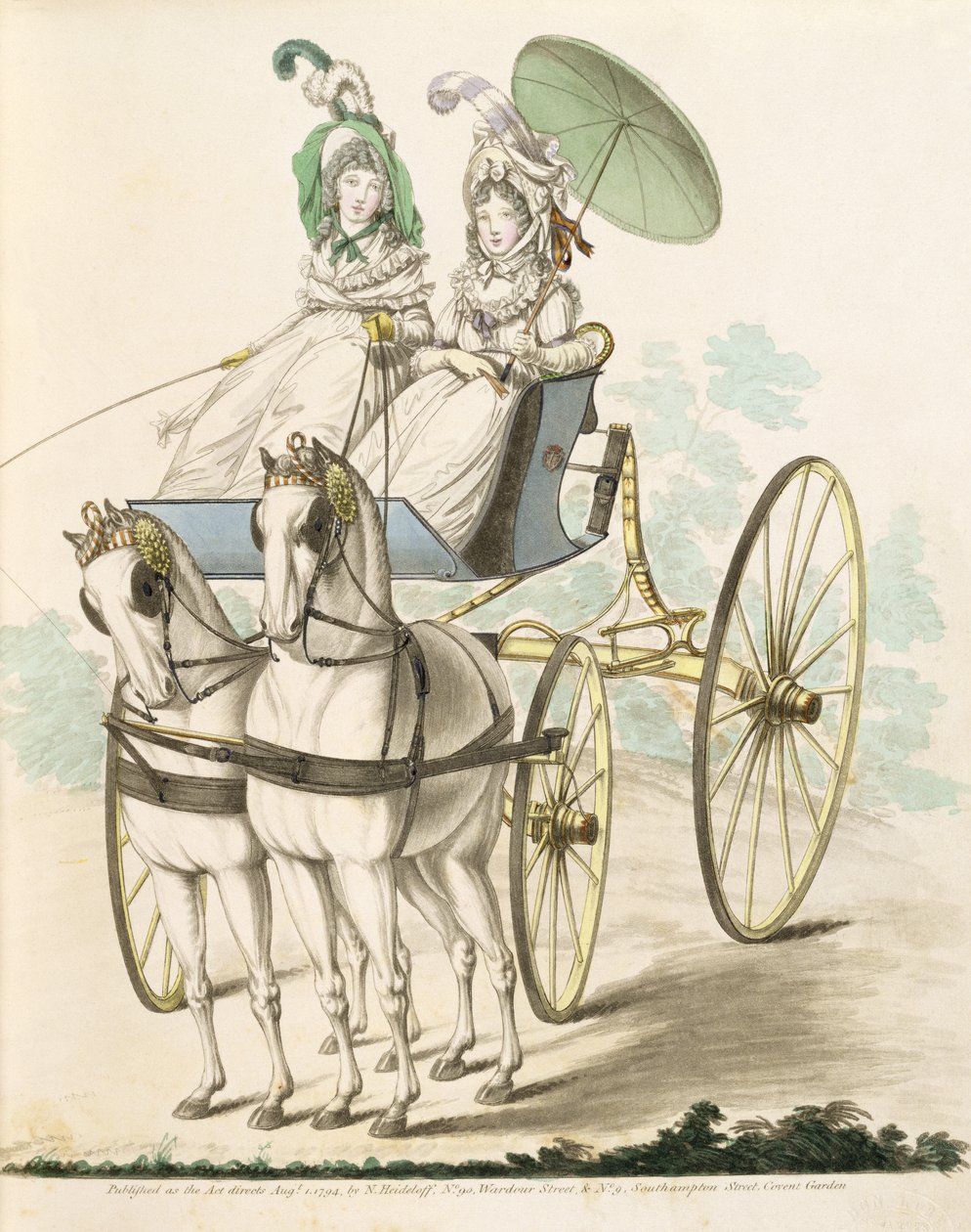 Dos damas, en negligé, tomando aire en un faetón, de la Galería de Moda de Nikolaus Heideloff, Vol I, agosto de 1794 de Nicolaus von Heideloff