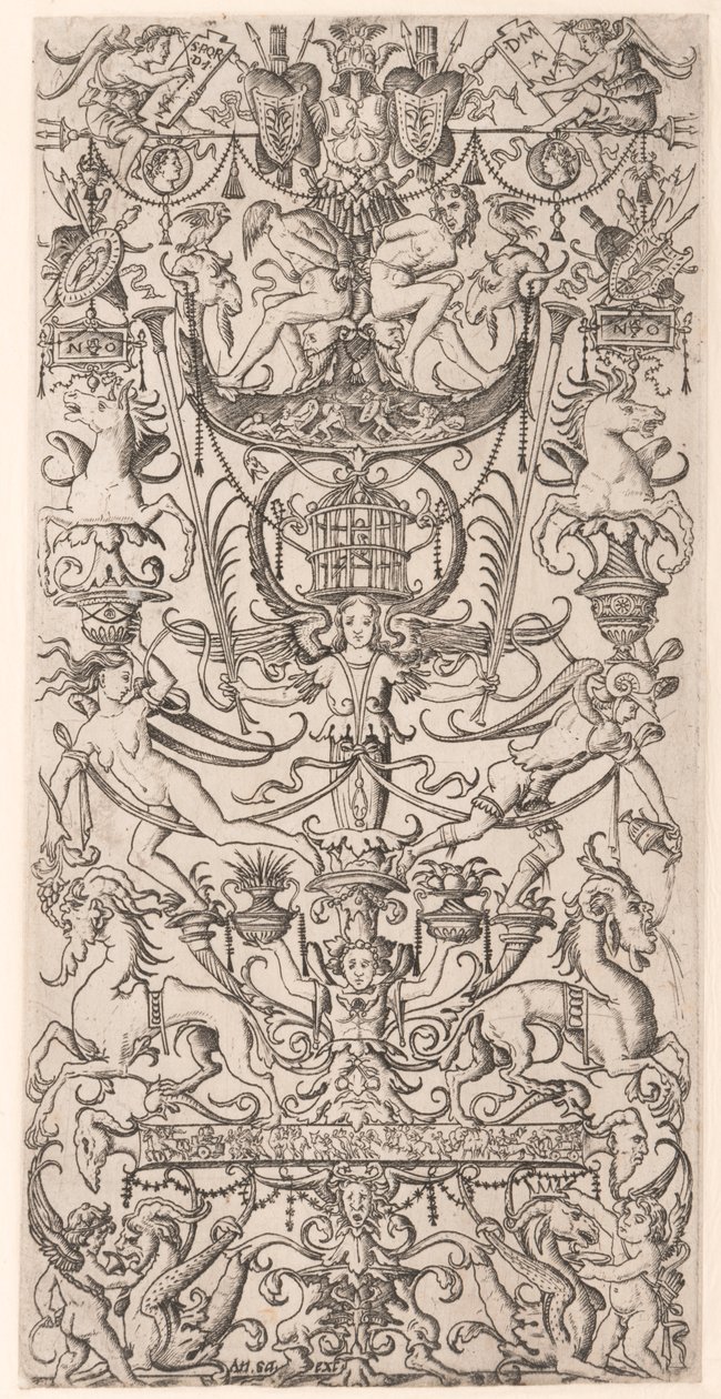 Panel ornamental con jaula de pájaros de Nicoletto da Modena