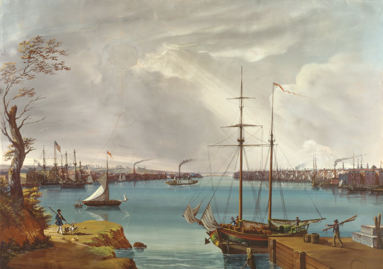 Vista de Nueva York, Brooklyn y el Astillero Naval desde las Alturas cerca de Williamsburg, c.1835-45 de Nicolino Calyo