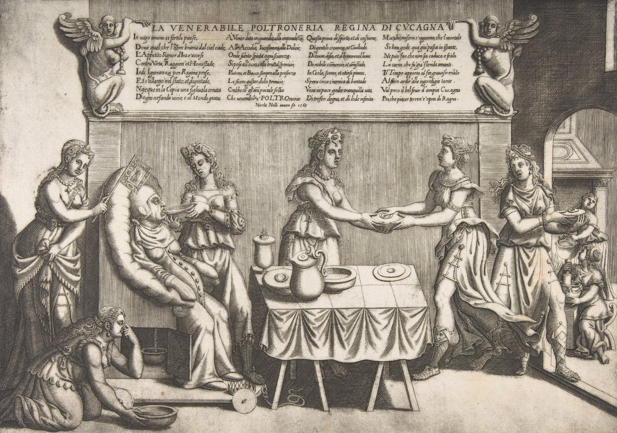Venerable Ociosidad, Reina de Cockaigne, una mujer gorda sentada en una silla de inodoro móvil, 1565 de Nicolo Nelli