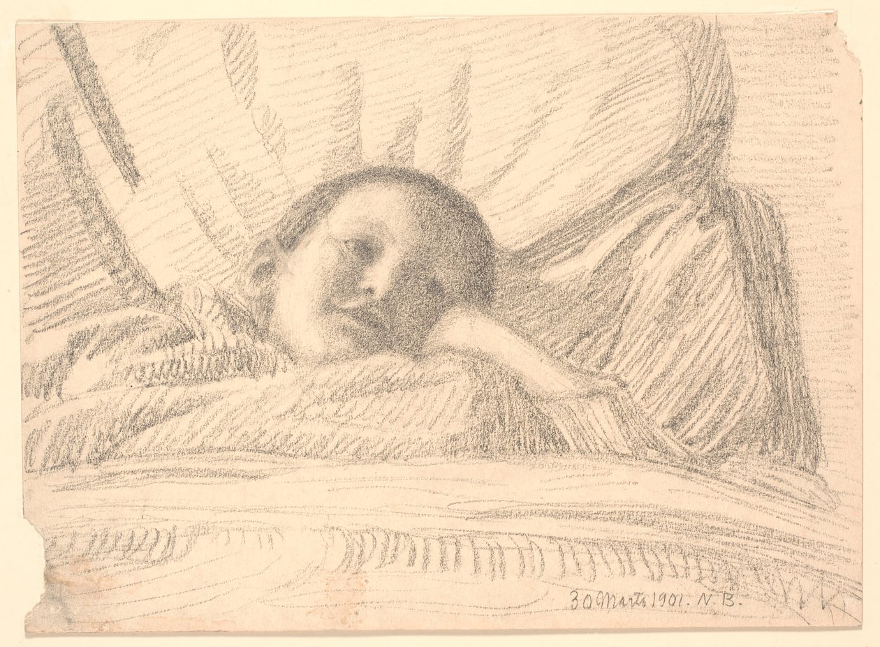 Niña (¿niña pequeña?) acostada en la cama de Niels Jakob Jakobsen Bjerre