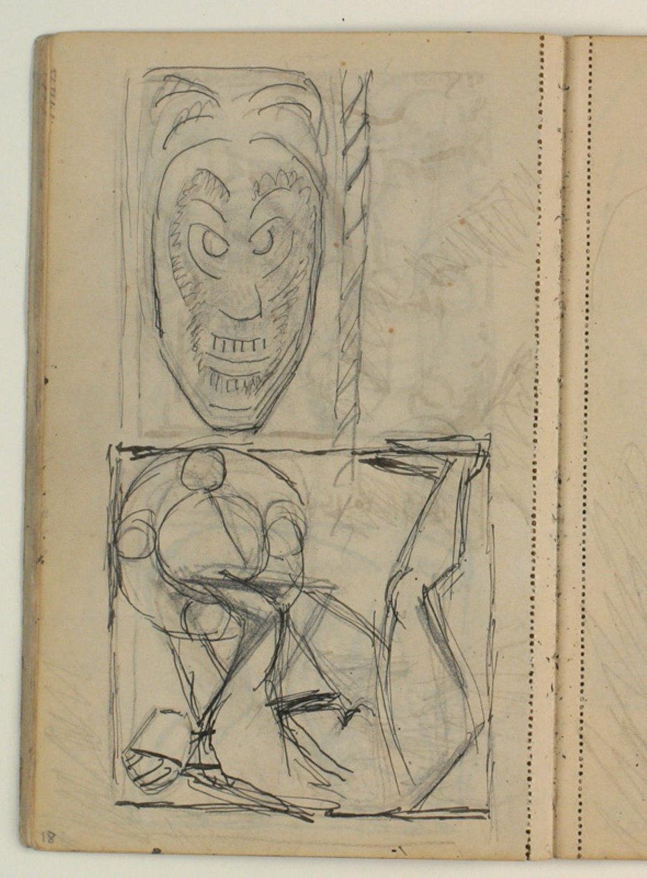 Boceto de máscara, probablemente basado en un modelo. Borrador para la tumba de Poul S. Christiansen de Niels Larsen Stevns