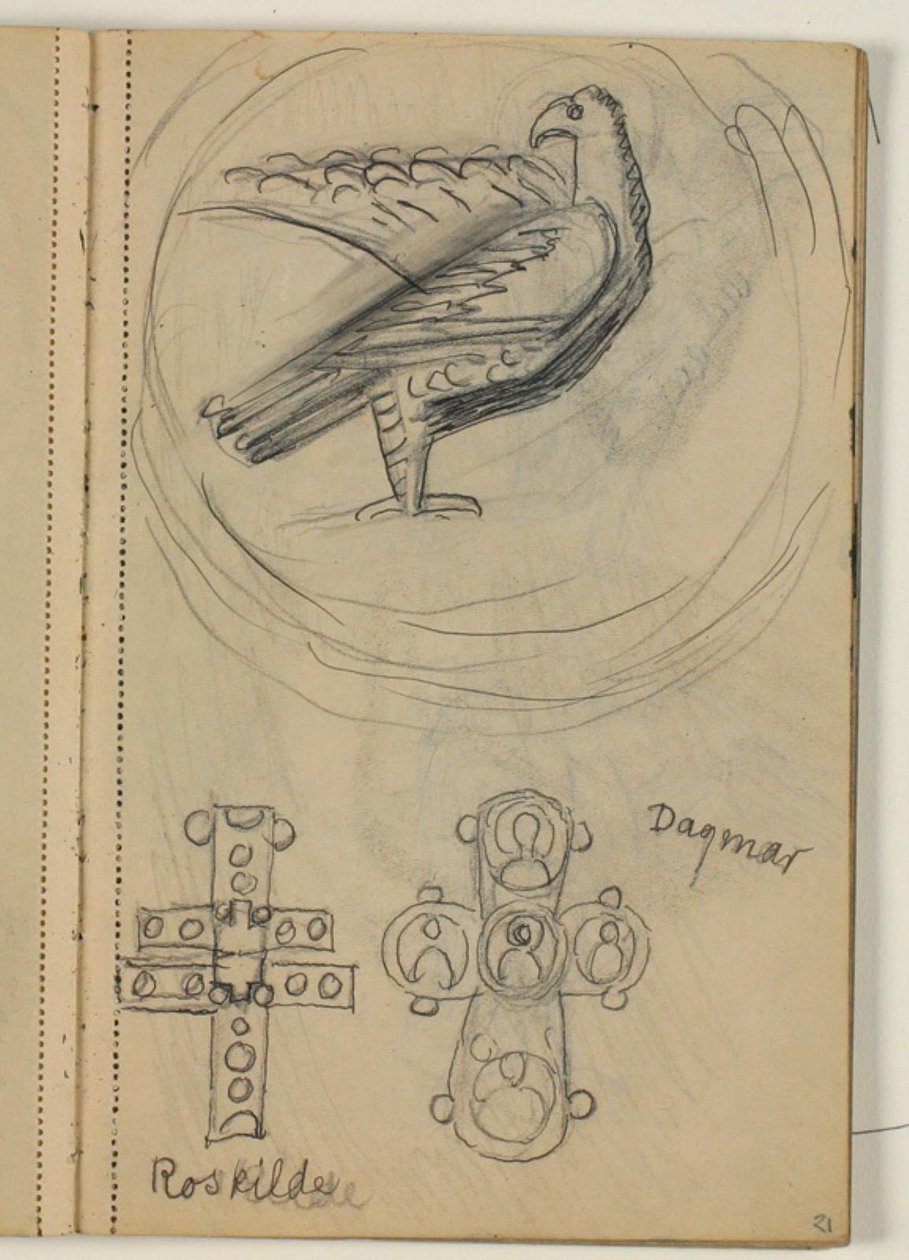 Estudios de pájaro y dos cruces, probablemente después de un modelo de Niels Larsen Stevns