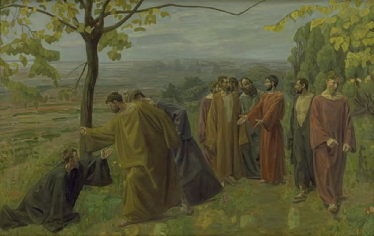 El ciego al borde del camino implora a Jesús que le muestre misericordia de Niels Larsen Stevns