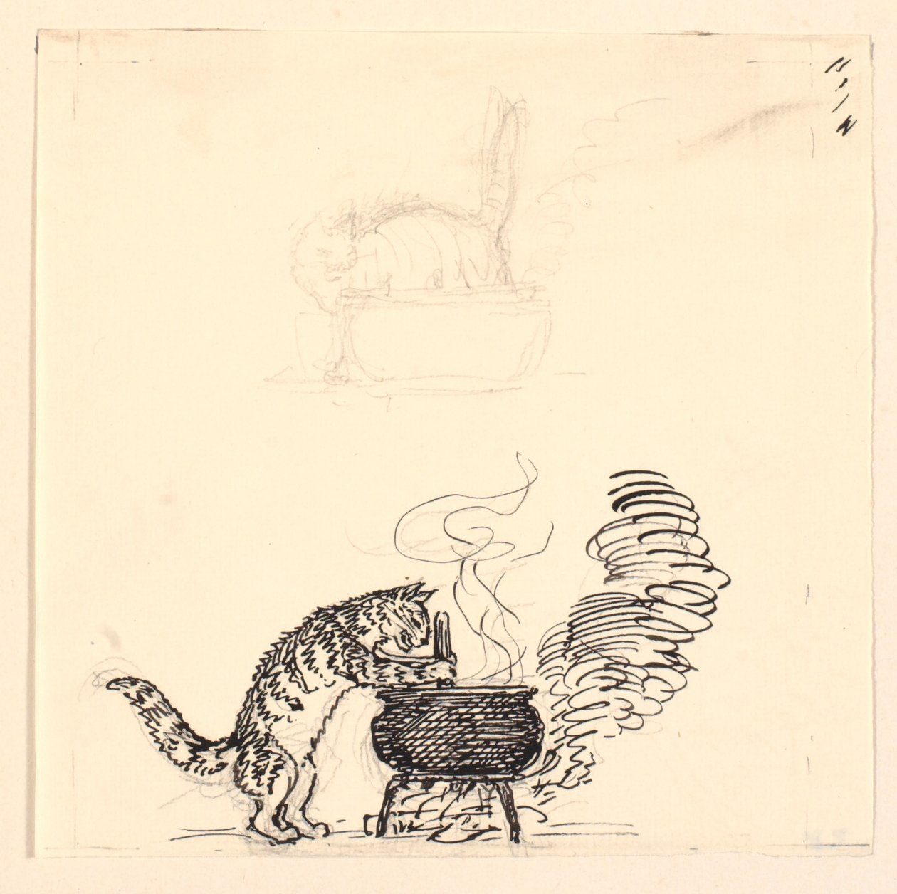 Ilustración de "El gato gordo" y boceto de Niels Skovgaard