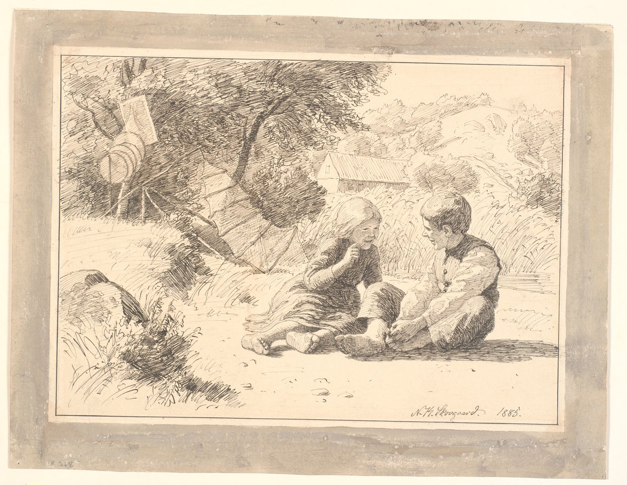 Dos niños en la orilla de un lago en Öströö, Halland de Niels Skovgaard