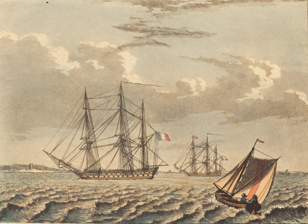Barcos de guerra franceses anclados, y un bote cruzando de Niels Truslew
