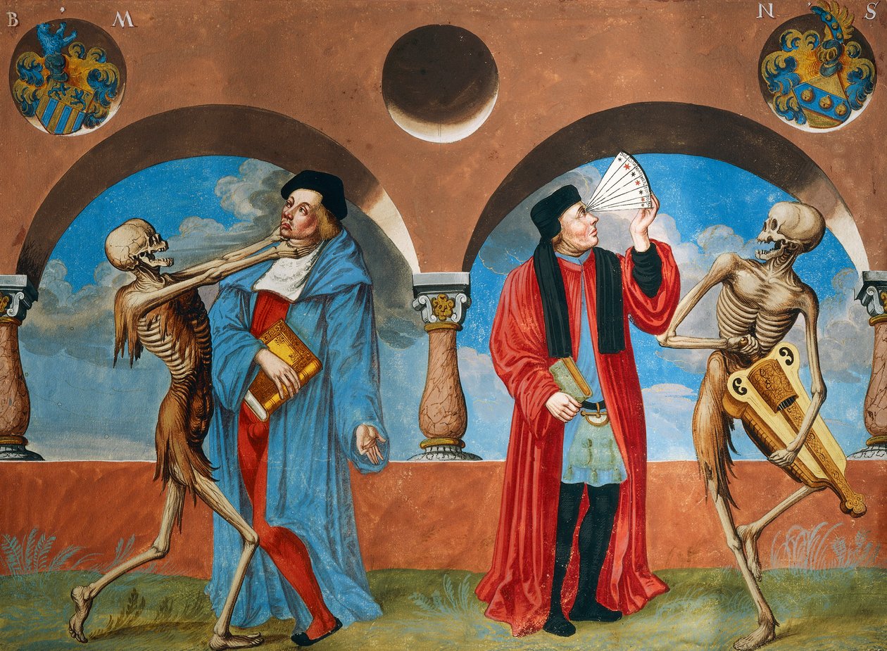 La muerte, el abogado canónico y el astrólogo del ciclo de la Danza de la Muerte de Niklaus Manuel