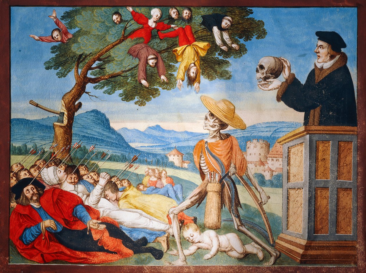 La Muerte entrando en acción con su guadaña y los hombres caen como hojas muertas, sermón de Memento Mori del ciclo de la Danza de la Muerte por Albrecht Kauw de Niklaus Manuel