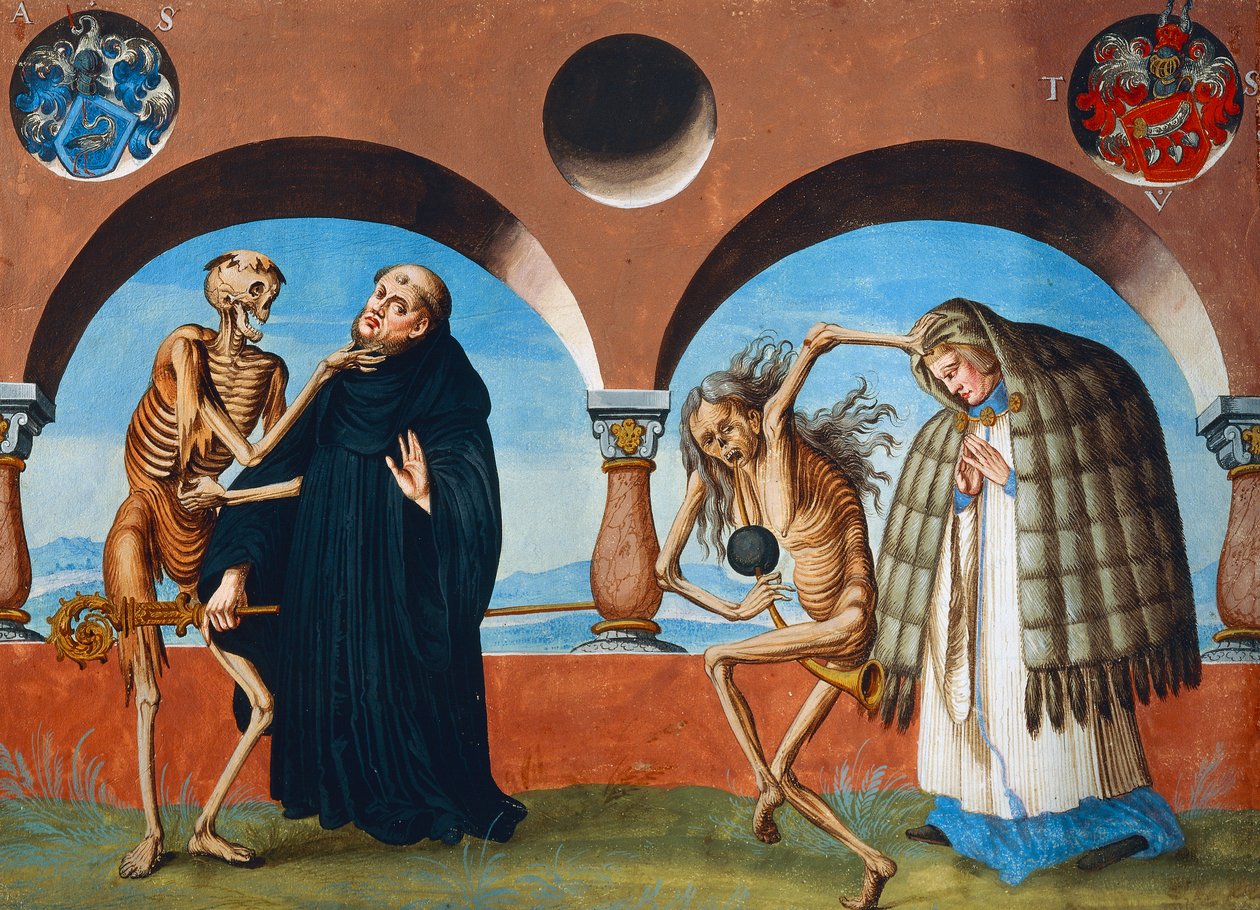 La Muerte, el Abad y el Canónigo (asistente del Abad) del ciclo La Danza de la Muerte por Albrecht Kauw de Niklaus Manuel