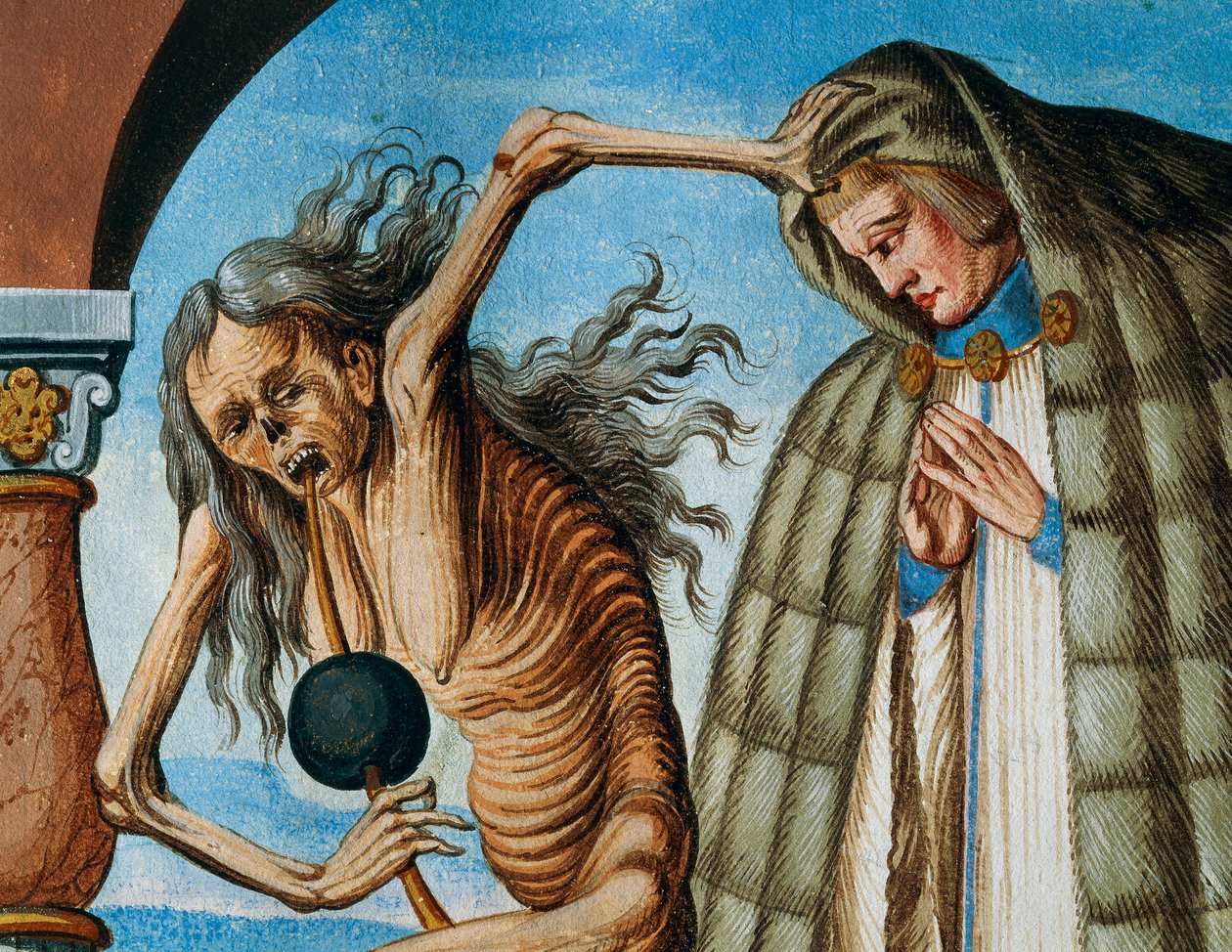 Muerte con el canónigo, detalle de Muerte, abad y el canónigo (asistente del abad) del ciclo La Danza de la Muerte por Albrecht Kauw de Niklaus Manuel