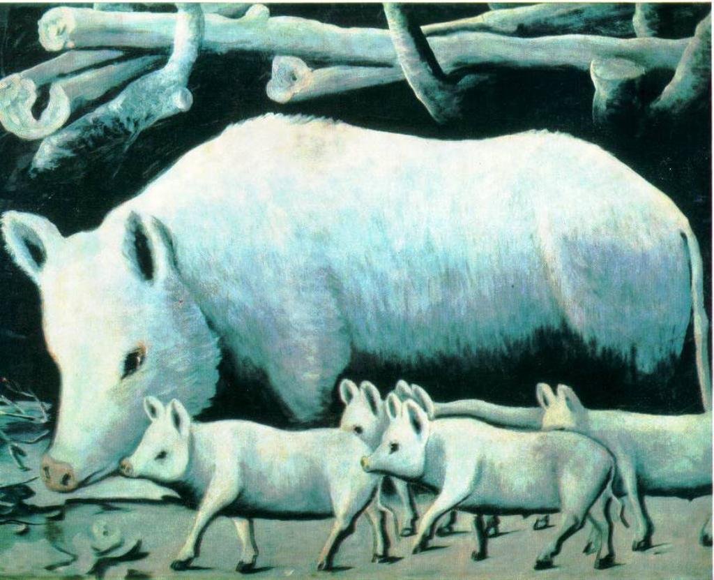 Cerda blanca con lechones de Niko Pirosmani