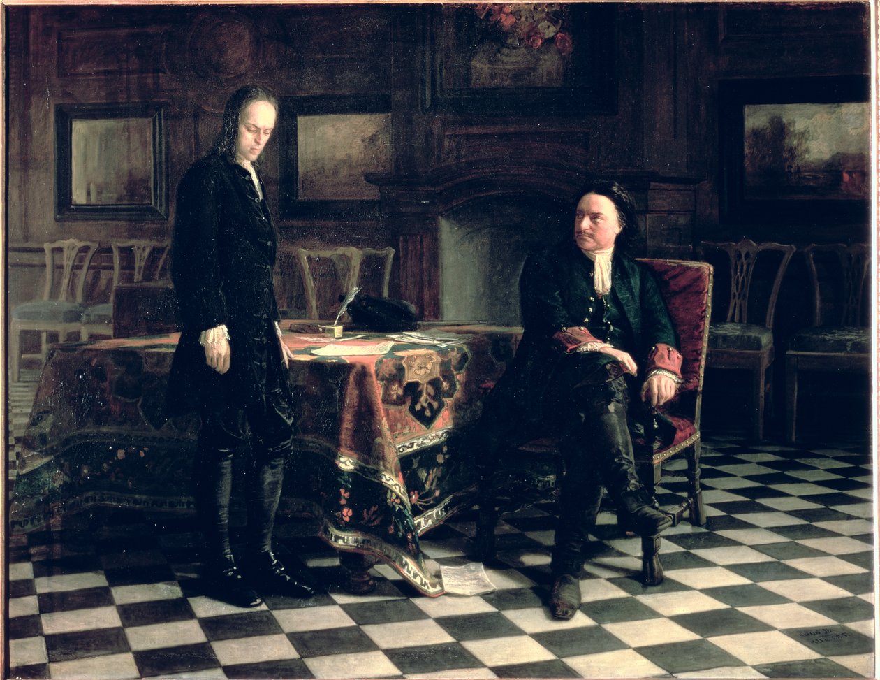 Pedro el Grande interroga al Zarevich Alexei Petrovich en Peterhof de Nikolai Nikolaevich Ge
