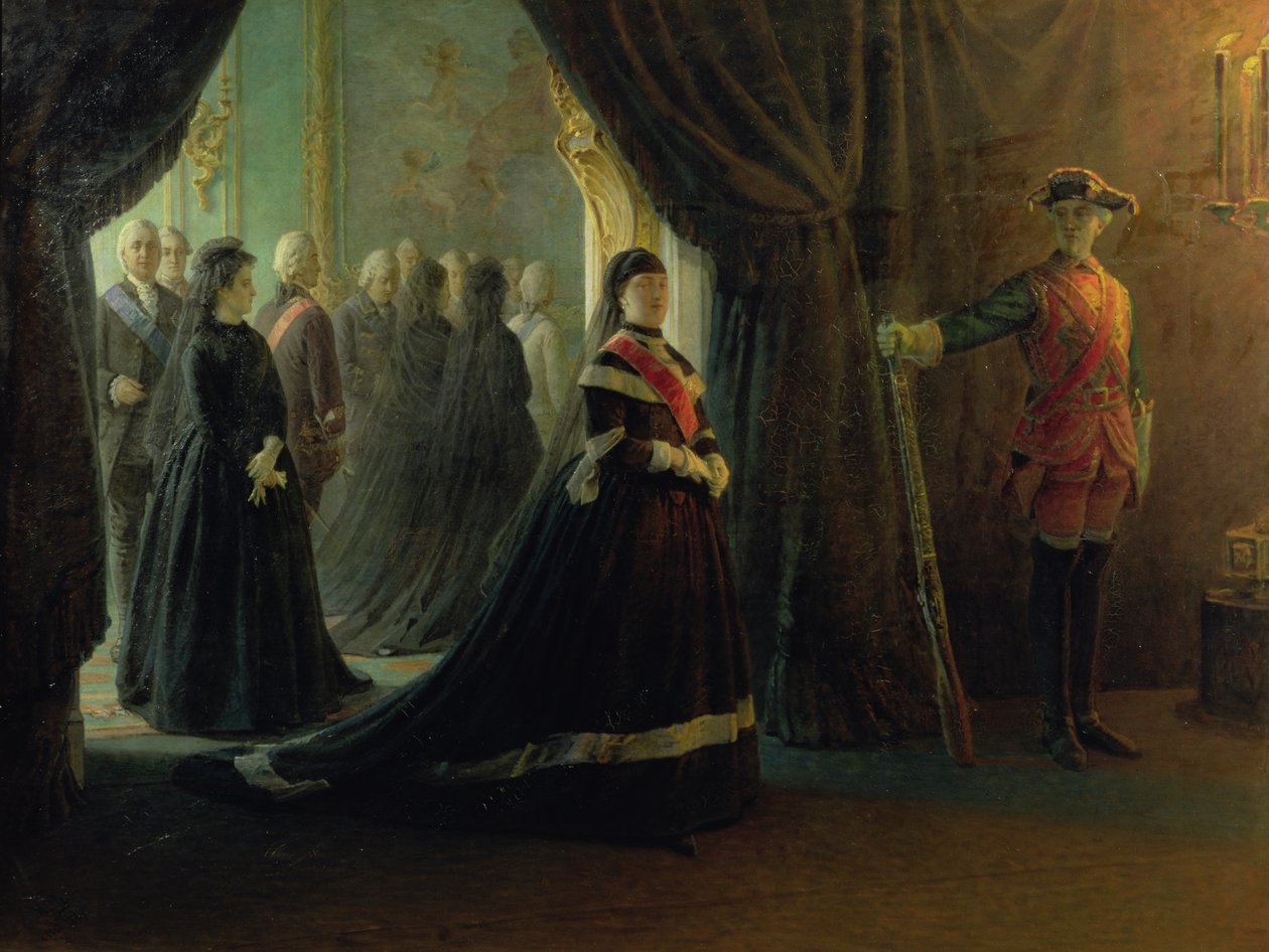 Catalina II (1729-96) en el ataúd de la emperatriz Isabel (1709-61), 1874 de Nikolai Nikolajevitch Gay