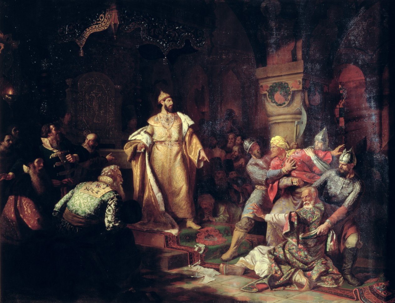 El Zar Iván III rompiendo el documento del Khan Tártaro, 1862 de Nikolai Semenovich Shustov
