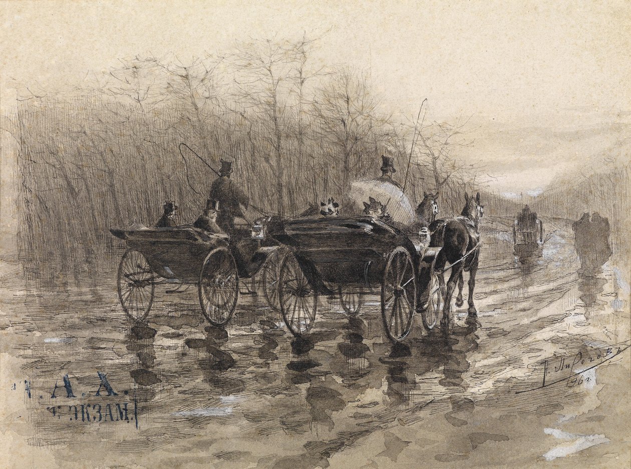 Dos carruajes en la carretera en primavera de Nikolai Vasilevich Pirogov