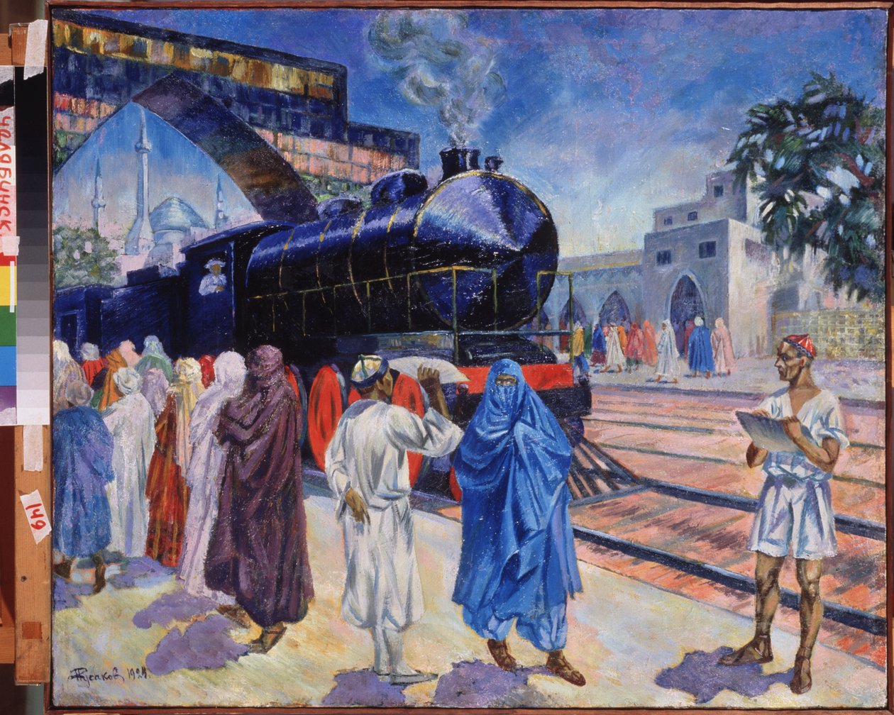 El primer tren. En una estación de ferrocarril de Asia Central, con una mezquita al fondo, llega el tren de vapor, los pasajeros del andén van a subir, mientras el empleado del ferrocarril mira. Pintura de Nikolai Afasasyevich Rusakov (18 de Nikolai Afanasyevich Rusakov